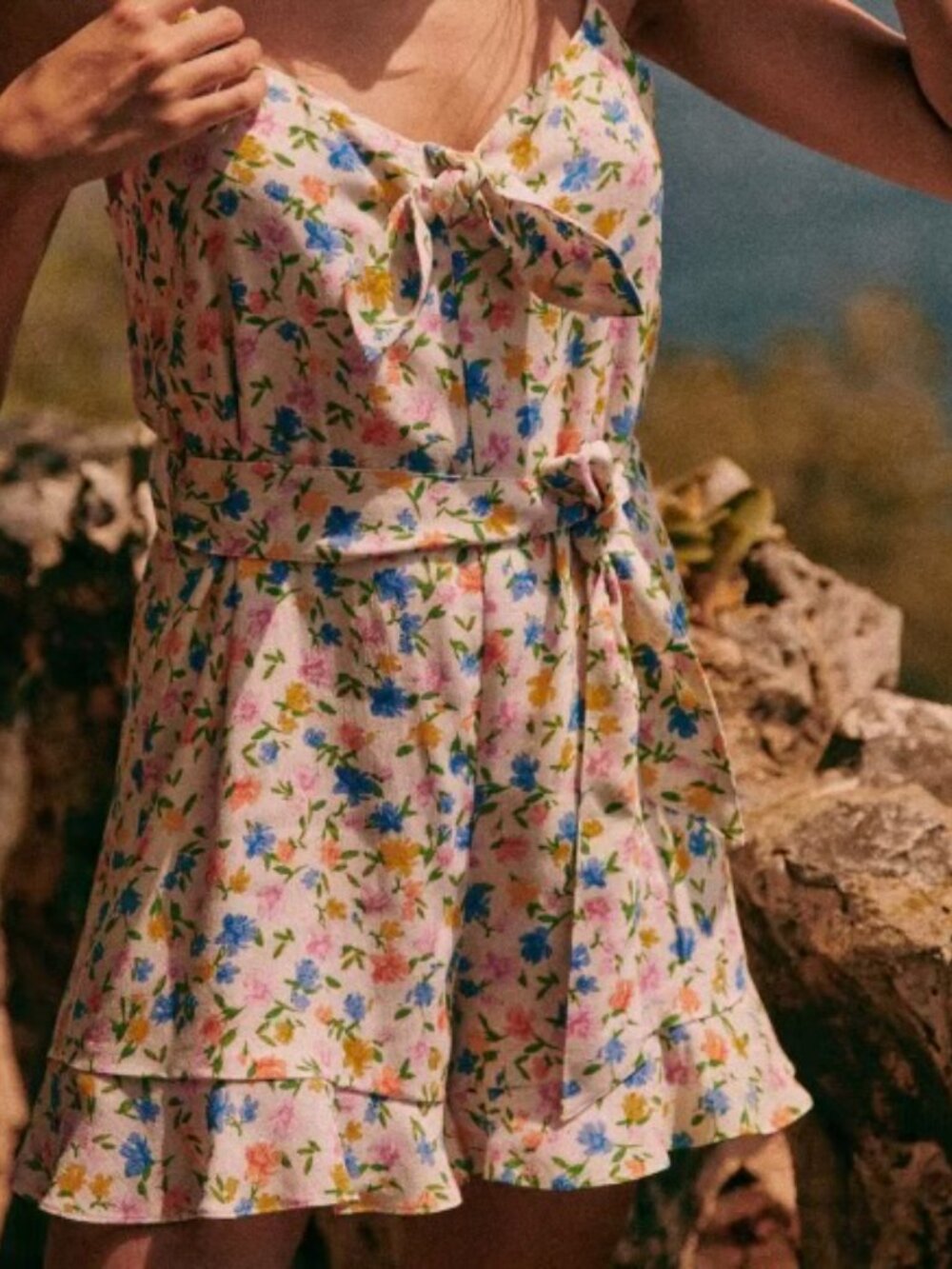 Sezane Dory White Pastel Floral Belted Romper Playsuit 36 / US 4